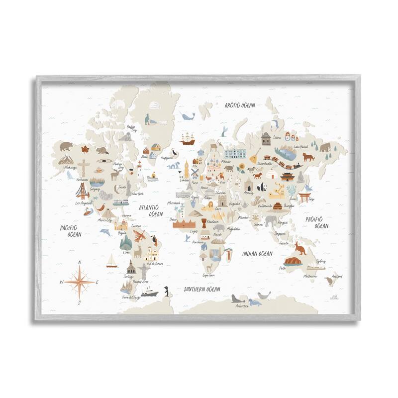 Stupell World Map of Destination Illustrations Soft Brown Tones Framed Wall Art - 30 x 24 - Grey