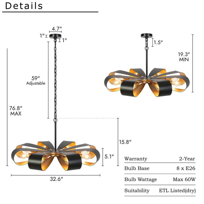 Modern Industrial 8-Light Chandelier Black Gold Floral Pendant Light for Living Room and Dining Room - 32.6 " × 15.8 "