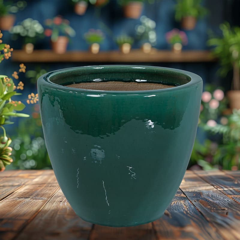 Sunnydaze Resort Glazed Ceramic Planter - 14.5" - Dark Green