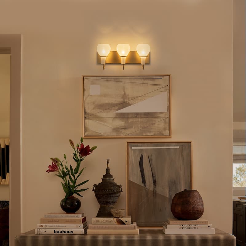 Modern Gold Vanity Light with Clouded Glass Bulb-Vase Shades Bathroom