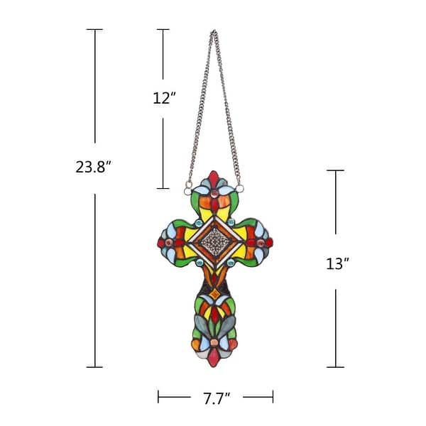 dimension image slide 1 of 3, 13" x 8" Victorian Design Cross Stained Glass Panel/ Suncatcher