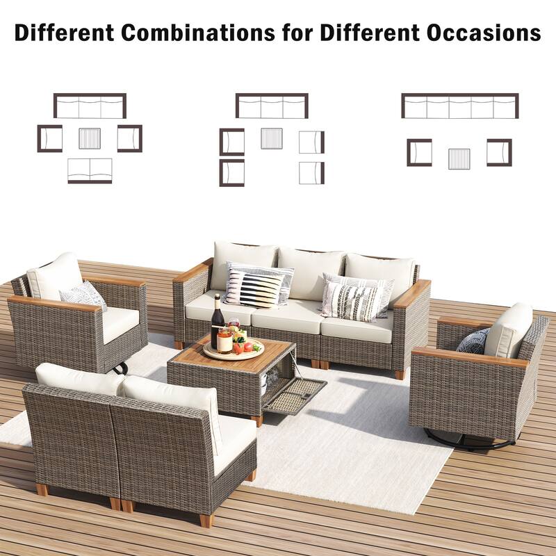 8-Piece Outdoor Patio Wicker Conversation Sofa Set with 2 Swivel Rocking Chairs and Acacia Storage Table
