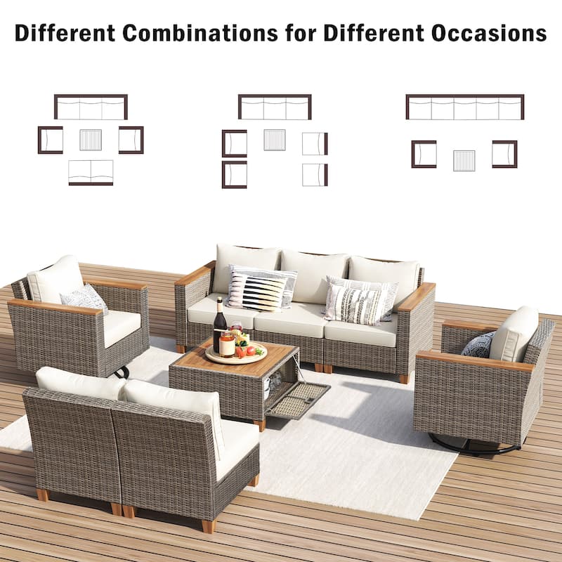 8 Piece Wicker Outdoor Patio Conversation Set with Thick Cushion and Storage Table, All Weather Rattan Swivel Chairs Set of 2