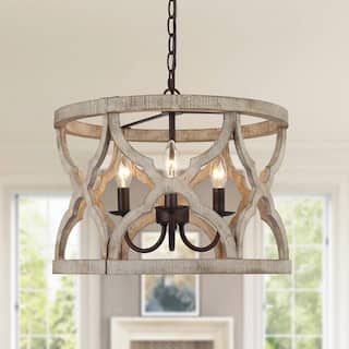 Woodly Modern Farmhouse 3-Light Drum Wood Chandelier Light for Dining Room - 16" D x 13.5" H