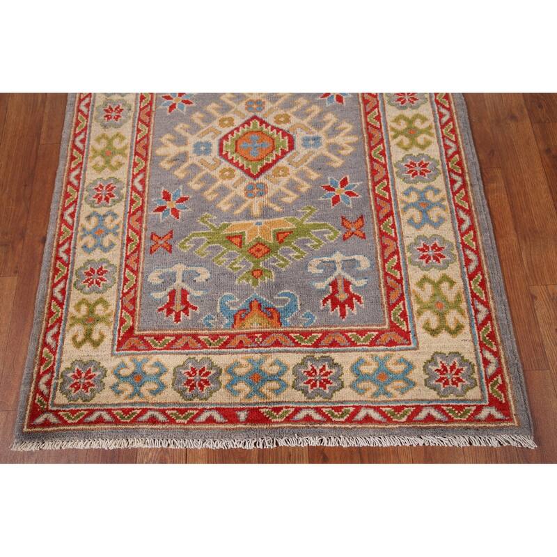 Geometric Gray Kazak Accent Rug Hand-Knotted Wool Carpet - 2'10" x 3'10"