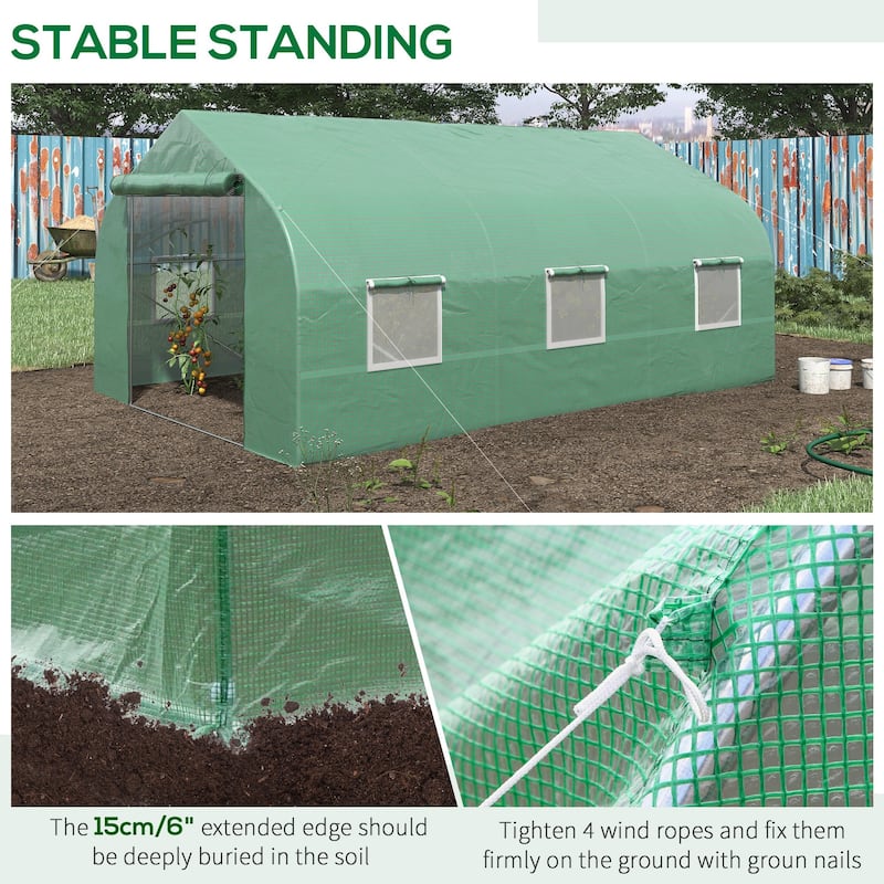 Outsunny 11.5' x 10' x 6.5' Outdoor Walk-In Tunnel Greenhouse Hot House with Roll-up Windows, Zippered Door, PE Cover, Green