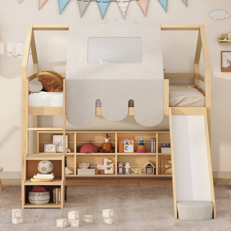 Wooden Loft Bed with House-Shaped Frame, Tent, Slide, and Ladder, Twin/Full Size, Natural Beige