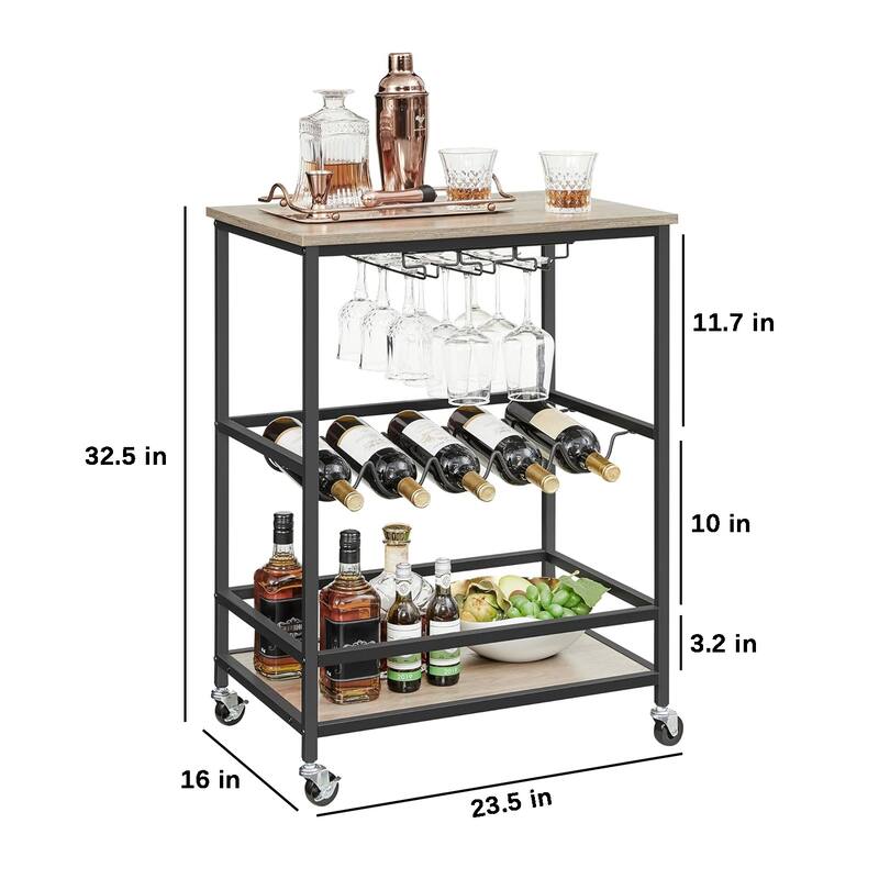 Industrial Bar Serving Cart with Casters, Glass Holders, Wine Holders