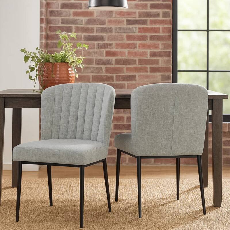Ole Dining Chair Set of 2, Curved Back, Gray Woven Fabric, Black Metal