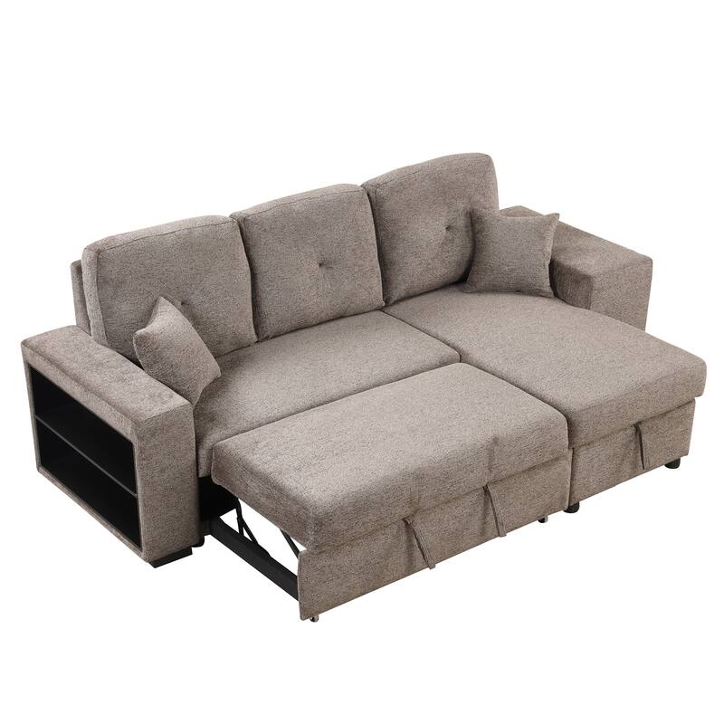 95" Reversible Sleeper Sofa Pull-Out Sofa Bed w/ Side Shelf & 2 Stools, Storage Chaise for Living Room,Knox Charcoal