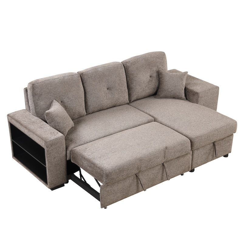 Reversible Sleeper Sectional Sofa Bed with Side Shelf and 2 Stools,Pull-Out L-Shaped Sofa Bed