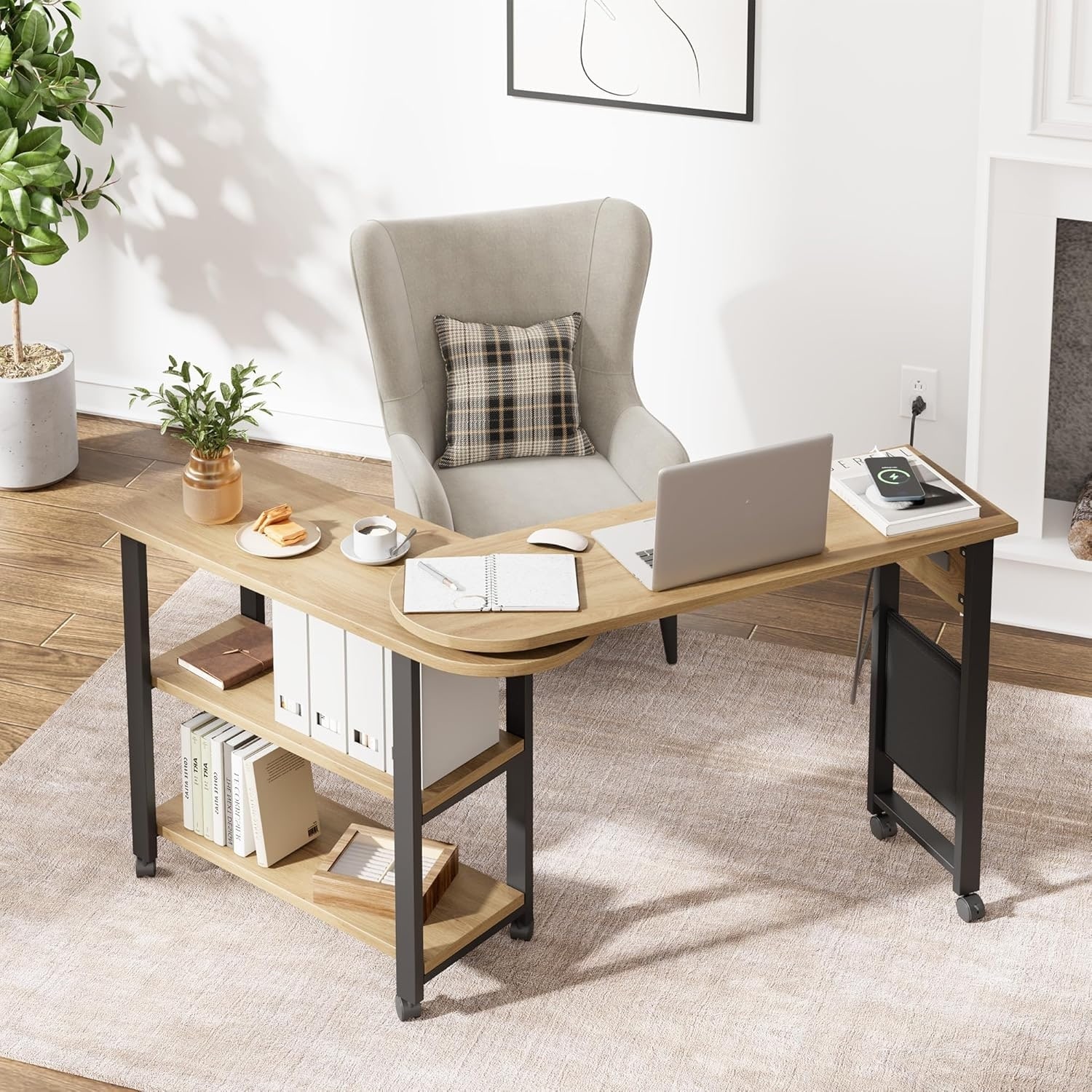 Rotating Side Table with Storage Shelf and Side Pouch,Multi-Functional Desk/Office Table with 6 Caster Wheels