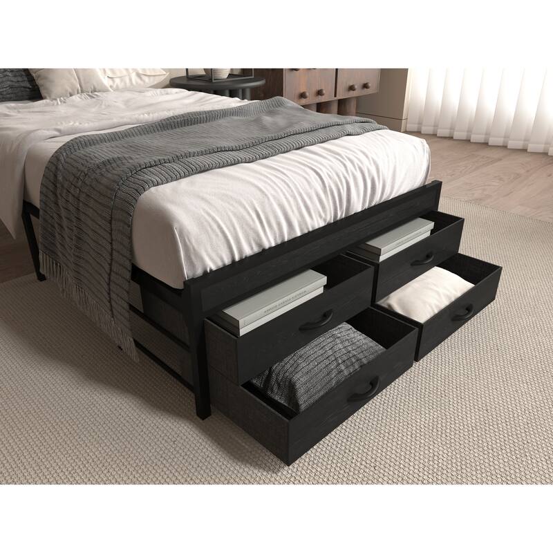 Twin Size Storage Bed with LED Lights, Charging Station & 4 Drawers