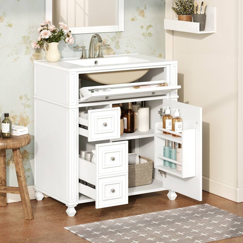 Roomfitters 30 Inch Bathroom Vanity with Ceramic Sink Basin, Soft Close Storage Cabinet & Door Organizer