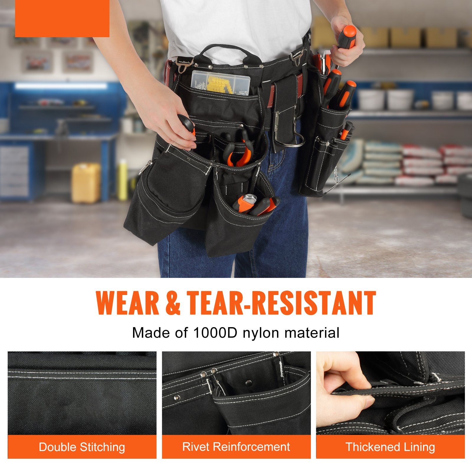 Black Heavy Duty Nylon 32 Pockets Detachable Tool Bag Belt