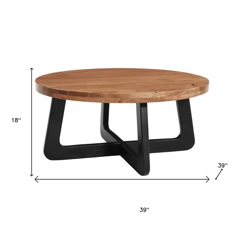 HomeRoots 39" Brown and Black Solid Wood And Iron Round Cross Legs Coffee Table - 39.00 in. x 18.00 in. x 39.00 in.
