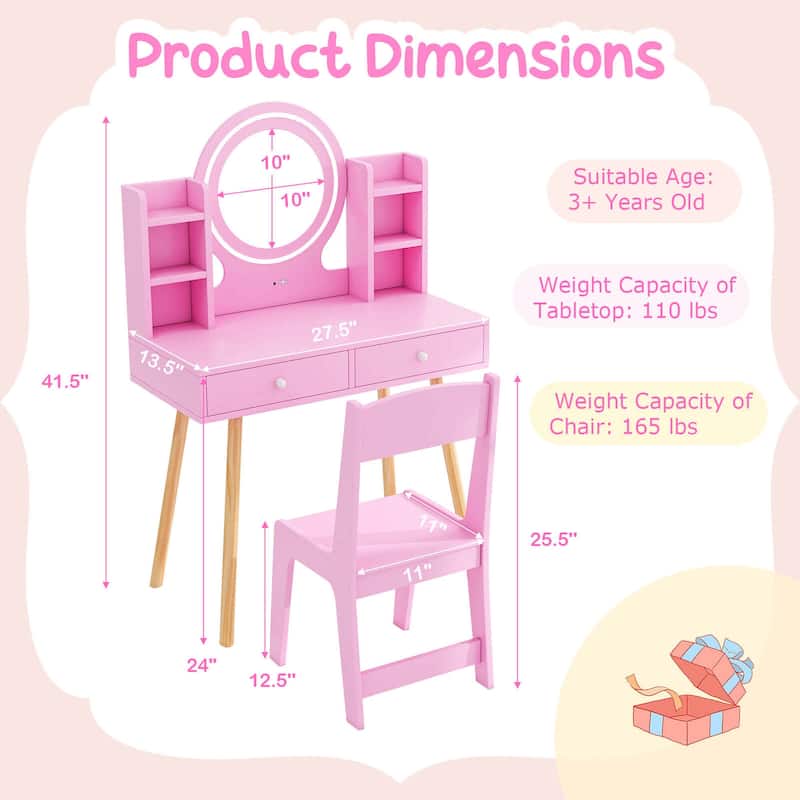 Costway Kids Vanity Set Princess Vanity Desk Set with 2-Color LED - See Details