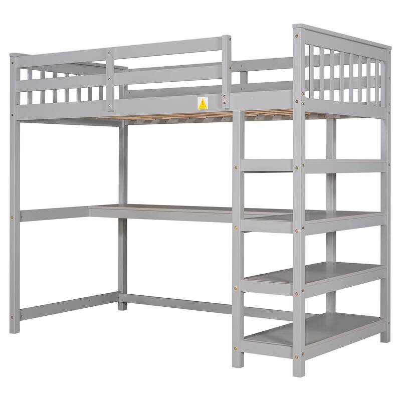 Full Size Loft Bed with Built-in Desk and Storage Shelves, White