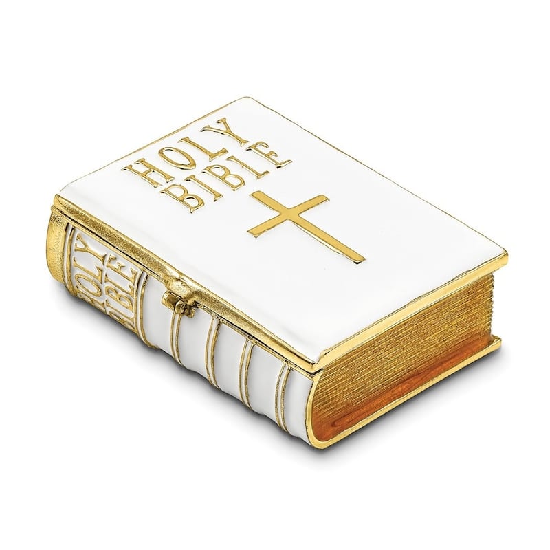 Curata Pewter Bejeweled Crystals Gold-Tone Enameled Prayer White Bible Trinket Box on 18 Inch Necklace
