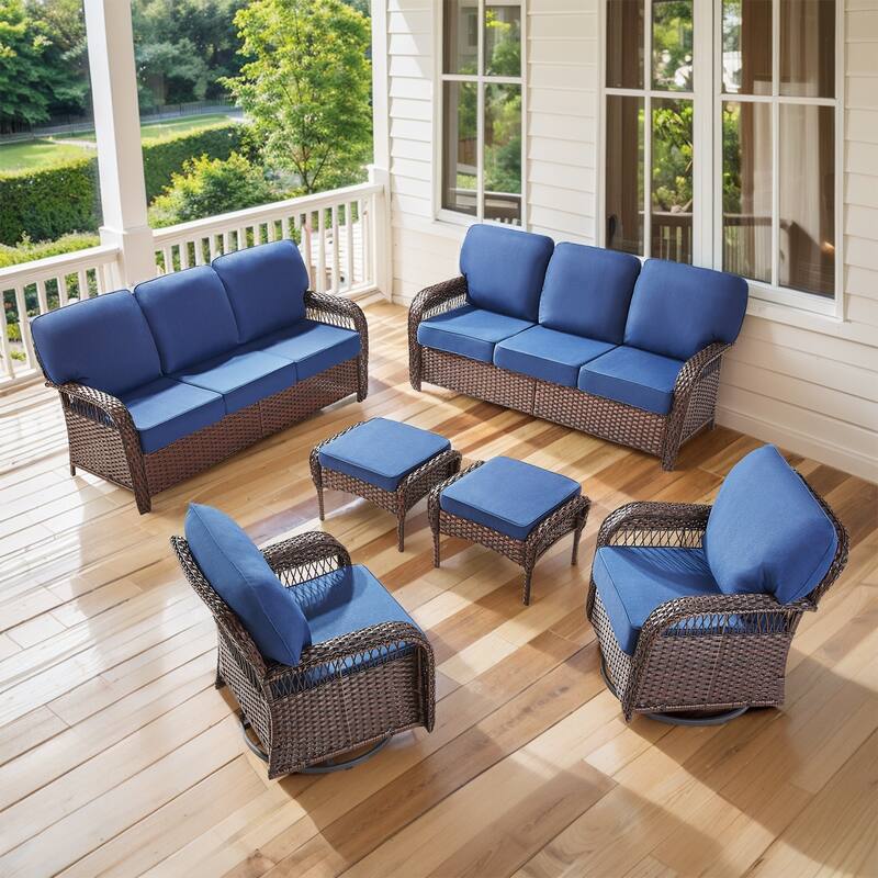 Pocassy Patio Outdoor Sofa Ottoman with Swivel Chair Table - Brown Wicker Blue Cushion - 6-Piece Sofa Swivel Chair with Ottoman