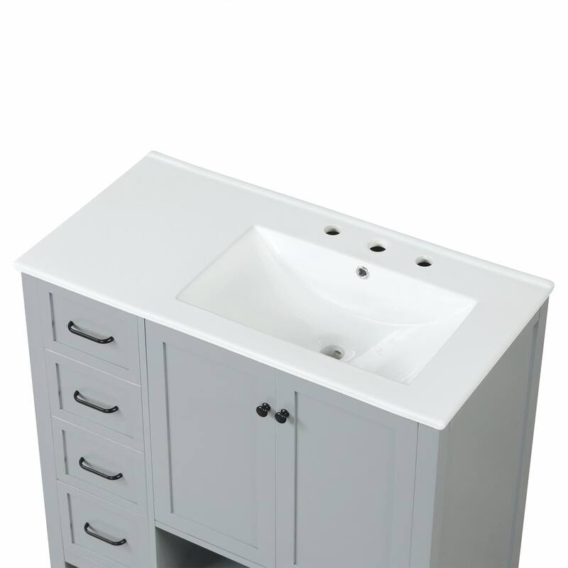 36" Bathroom Vanity - Sink Top, Two Doors, Two Drawers, and Open Shelf
