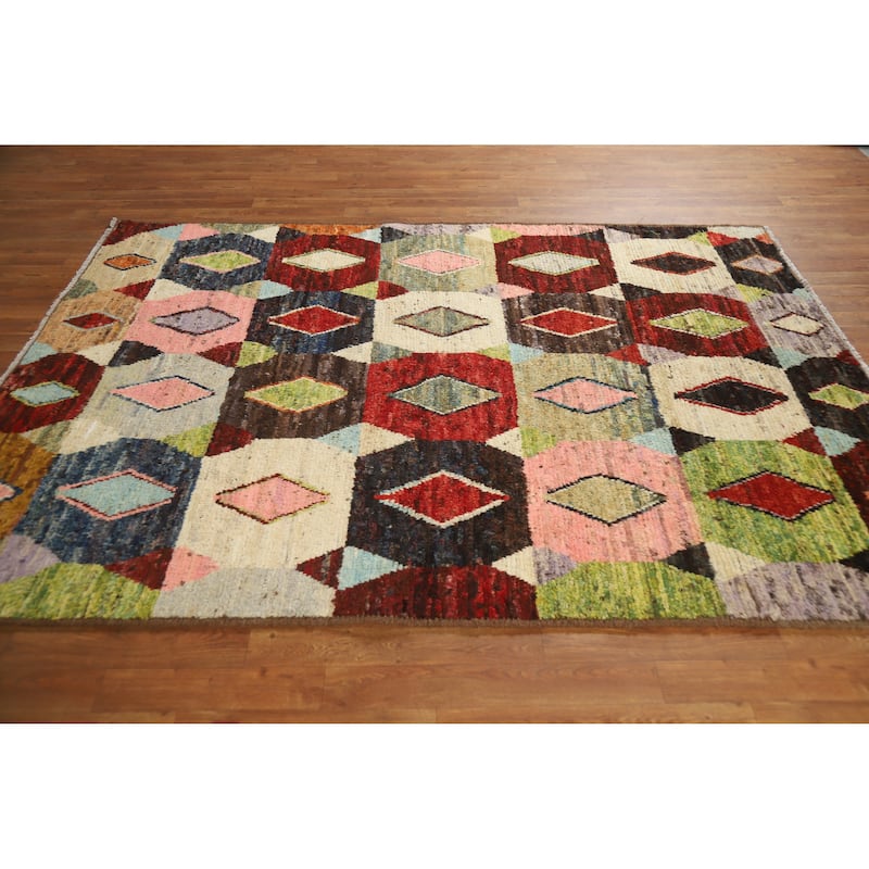 Multi-Color Geometric Moroccan Oriental Area Rug Handmade Wool Carpet - 5'7" x 7'7"