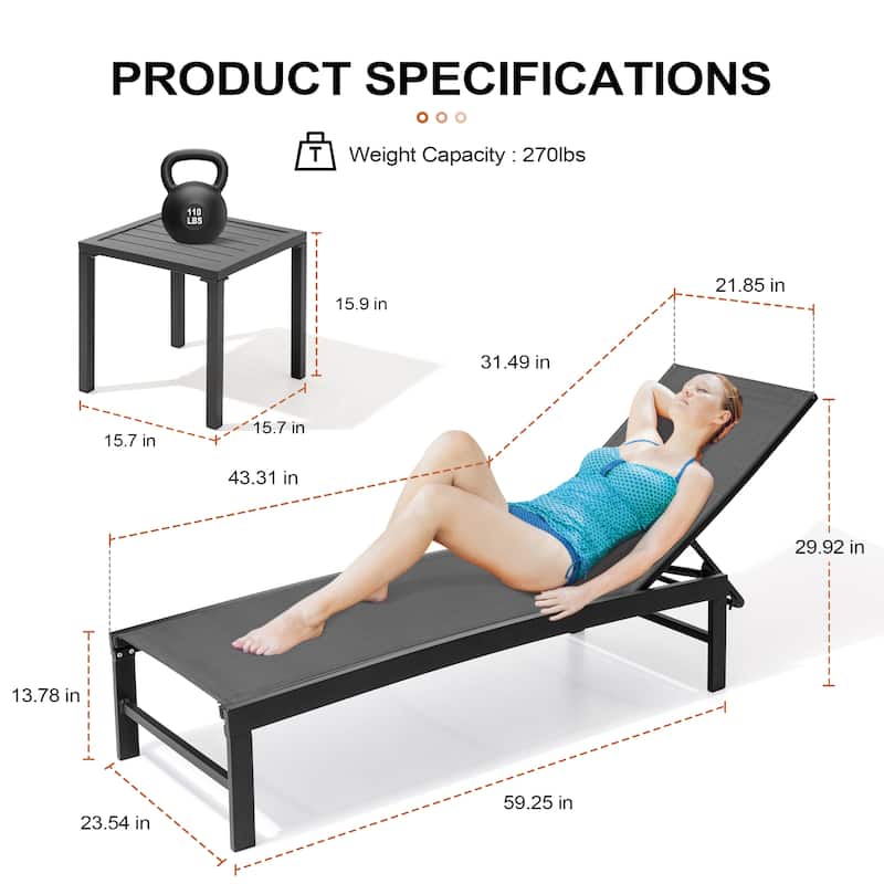 Outdoor Aluminum Chaise Lounge Chairs and Side Table, Sun Lounger with Adjustable Backrest