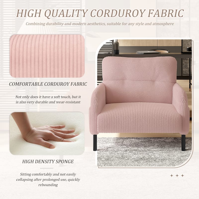 Corduroy Upholstered Single Sofa Chair, Lounge Reading Chair with Side Pockets, Armchair with Solid Wood Frame - Pink