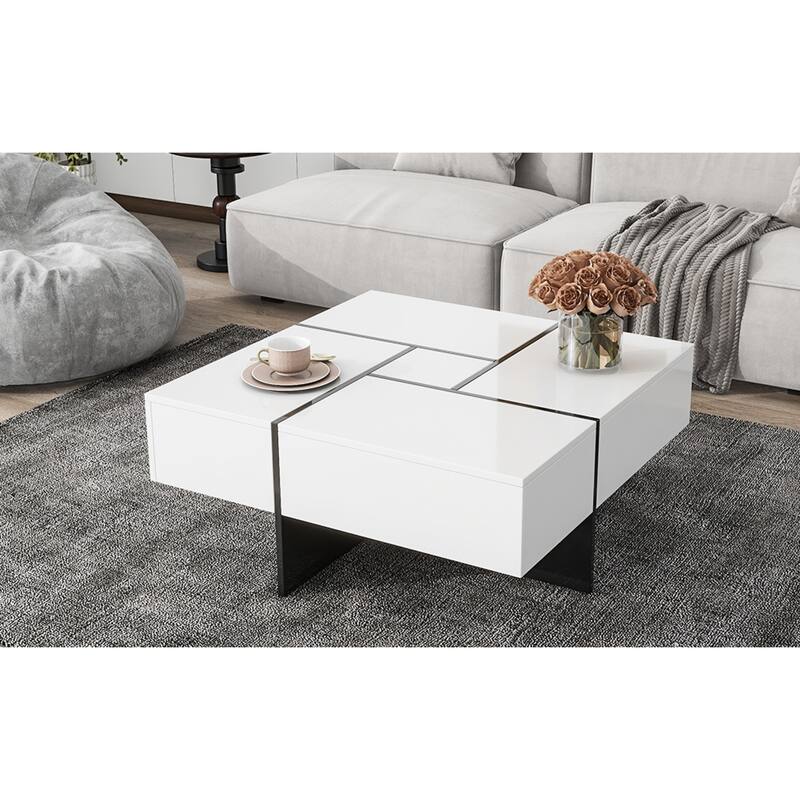 31.5" Square Coffee Table with 4 Hidden Storage Compartments & Sliding Top, UV High-gloss Finish