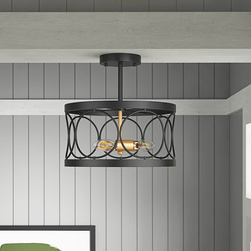 Farmhouse 3-Light Openwork Metal Drum Shade Semi-Flush Mount Ceiling Light - Black
