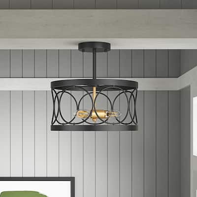 Farmhouse 3-Light Openwork Metal Drum Shade Semi-Flush Mount Ceiling Light