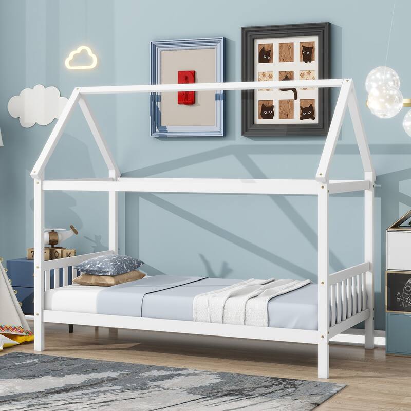 Twin Over Twin House Floor Bunk Bed Low Profile Bed Frame with Headboard and Footboard