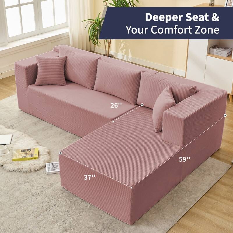 Mixoy W106'' Modern 2-Piece Free Combination Corduroy Upholstered L-Shaped Modular Sectional Sofa with Right Chaise and Pillow