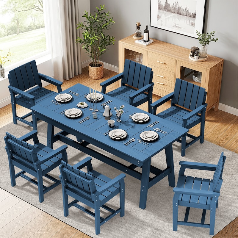 7-Piece HDPE Outdoor & Indoor Dining Set, Rectangular 67.91in L Table with Umbrella Hole and 6 Chairs Set of 7, Wood-Look Finish