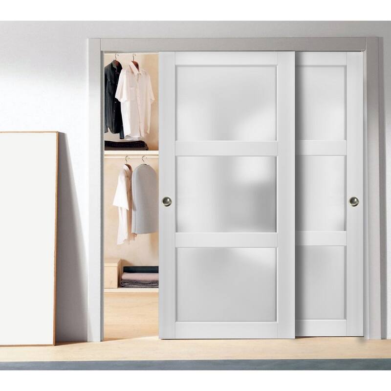 Sliding Closet Frosted Glass 3 Lites Bypass Doors / Lucia 2552 White