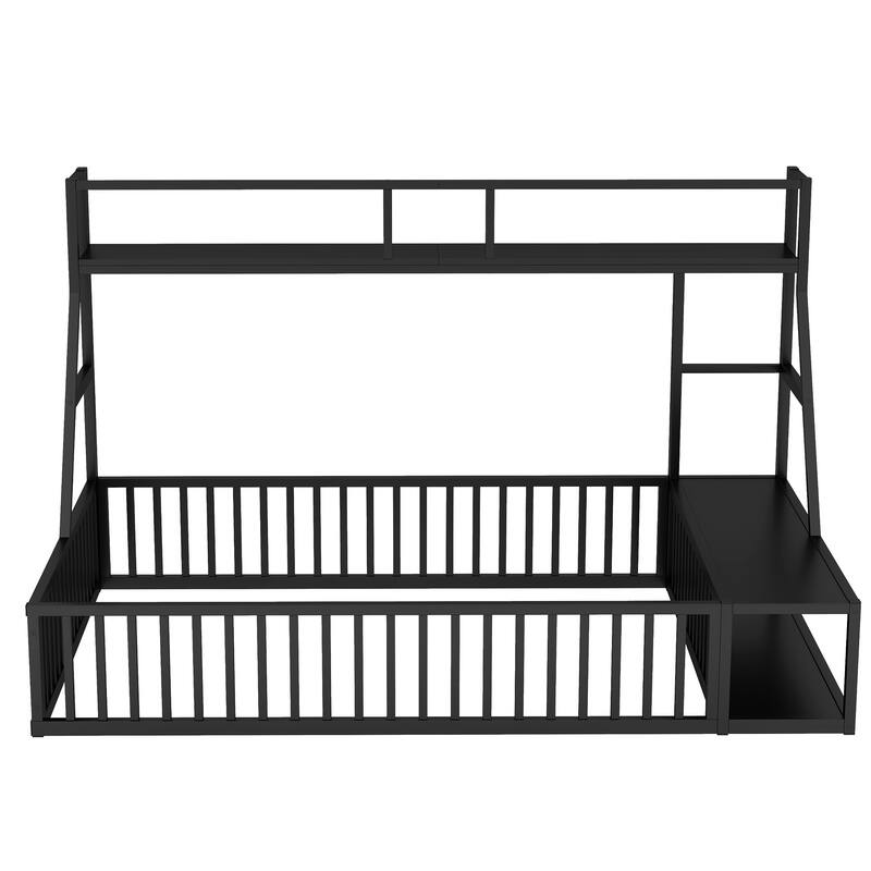 Roomfitters Full Size Metal Floor Bed with Fence, Loft Desk and Storage Shelves, Space-Saving Playhouse, Black