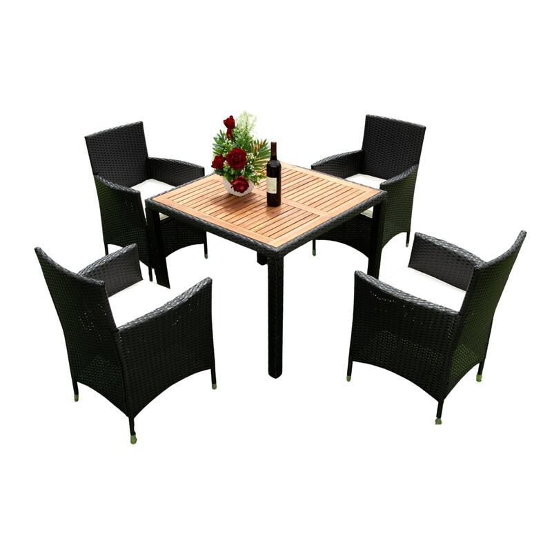 5 Piece Outdoor Patio Wicker Dining Set, Poolside Picnic Beer Coffee Table with 4 Removable Cushions Wicker Arm Chairs