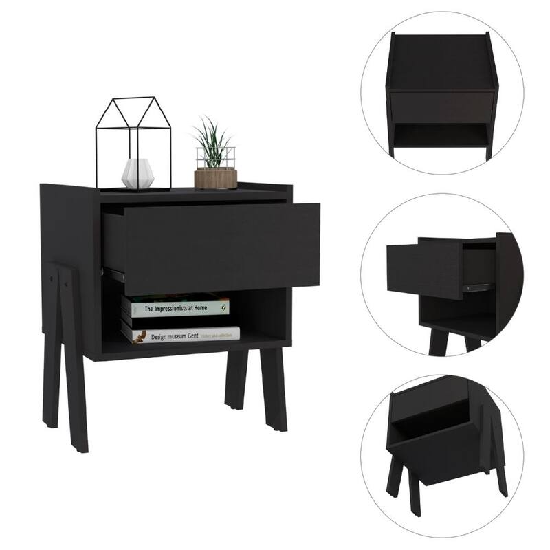 Nightstand with One Open Shelf and Four Legs, One Drawer