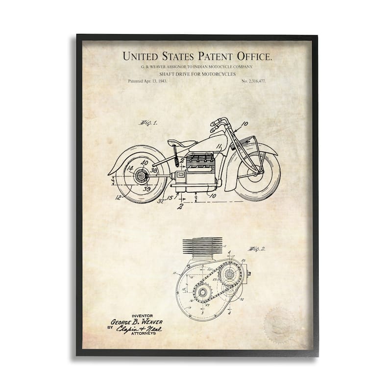 Stupell Vintage Motorcycle Shaft Drive Machinery Blueprint Diagram Framed Wall Art - Beige