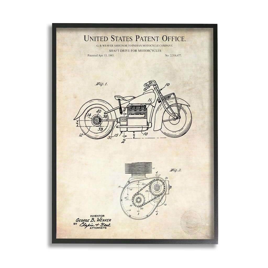 Stupell Vintage Motorcycle Shaft Drive Machinery Blueprint Diagram Framed Wall Art - Beige