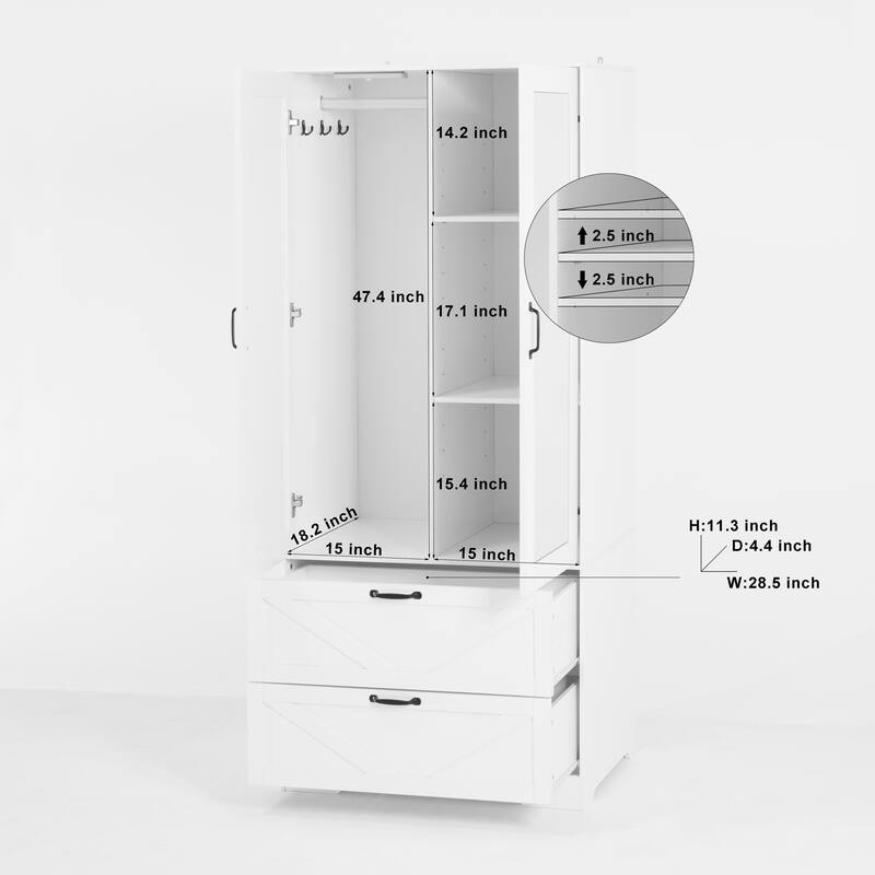 2 Door Wood Wardrobe with Hanging Clothing Rod inside the Cabinet and 2 Drawers, Multifunctional Closet with Mirror