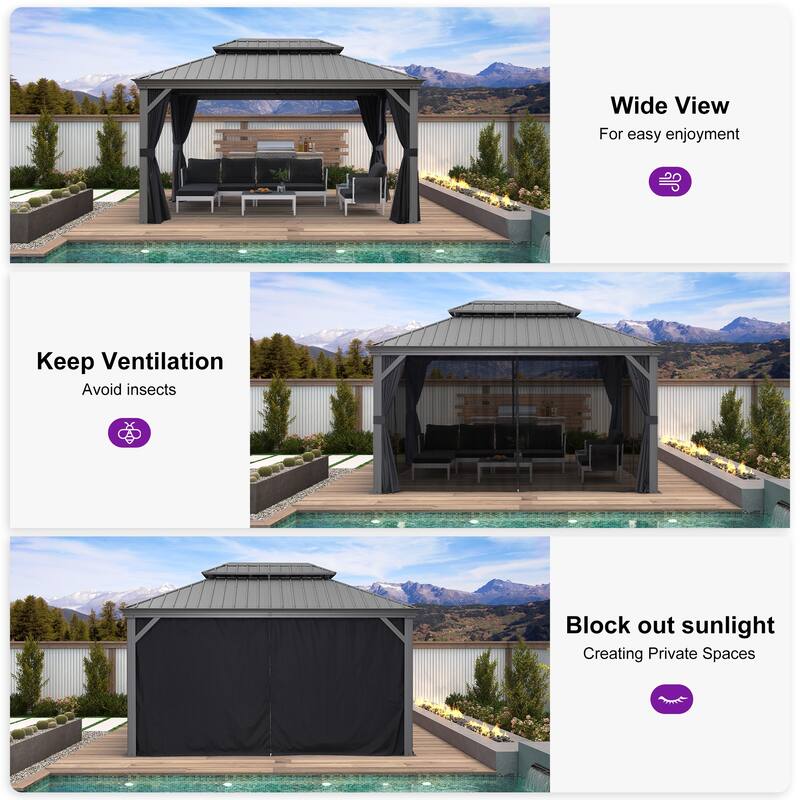 PURPLE LEAF Patio Gazebo for Backyard Hardtop Galvanized Steel Frame with Upgrade Curtain - Light Grey