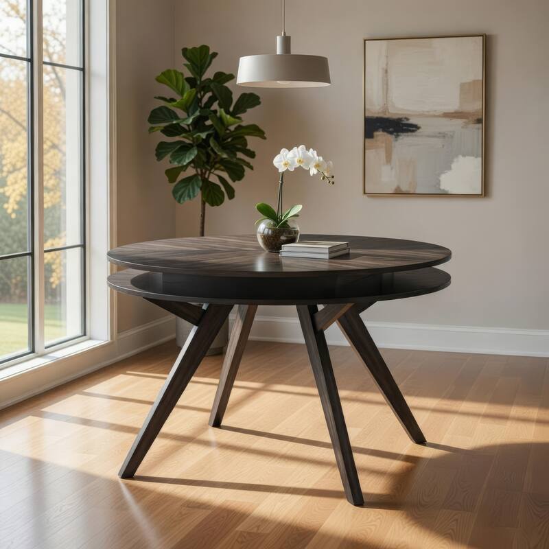 Round Wooden Dining Table with Storage Shelf, Dark Brown