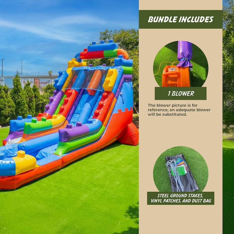 XJUMP Block Party 19' Dual Lane Side Loader Water Slide with Pool and Air Blower, Kids and Adults, Commercial Grade PVC Vinyl