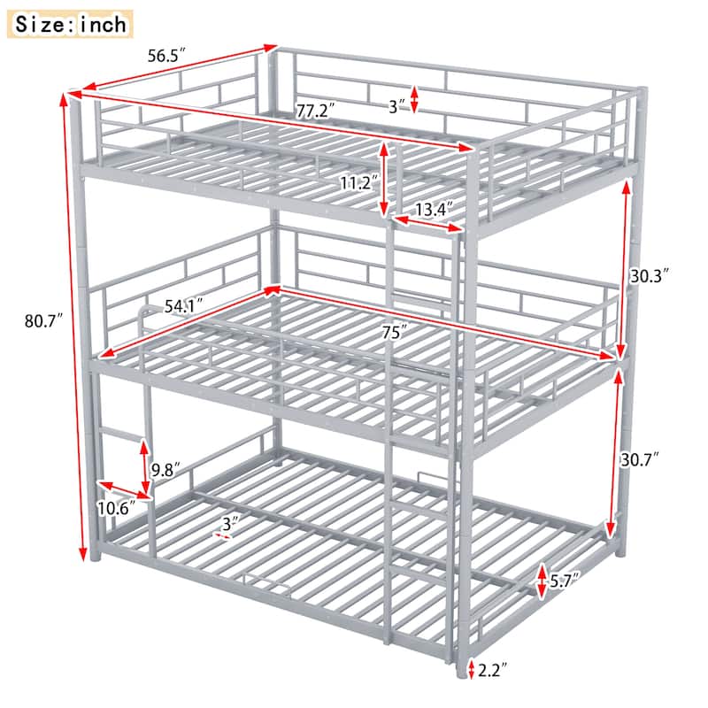Metal Triple Bunk Bed for 3 Kids, Convertible into Platform Bedframe
