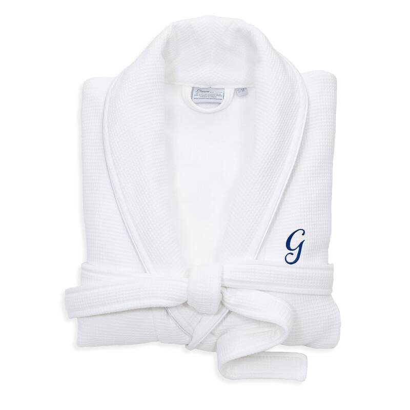 Authentic Hotel and Spa White Unisex Turkish Cotton Waffle Weave Terry Bath Robe with Navy Script Monogram - S/M - G