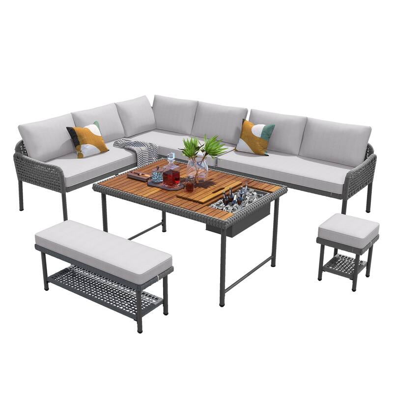 6-Piece Patio Furniture L-Shaped Set, Outdoor Sectional Sofa Set, Couch Conversation Set, Beige