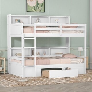 Twin Size Wood Bunk Bed with Built-in Shelves on Upper and Lower Beds & Convenient Storage Drawers - Space-Saving Design