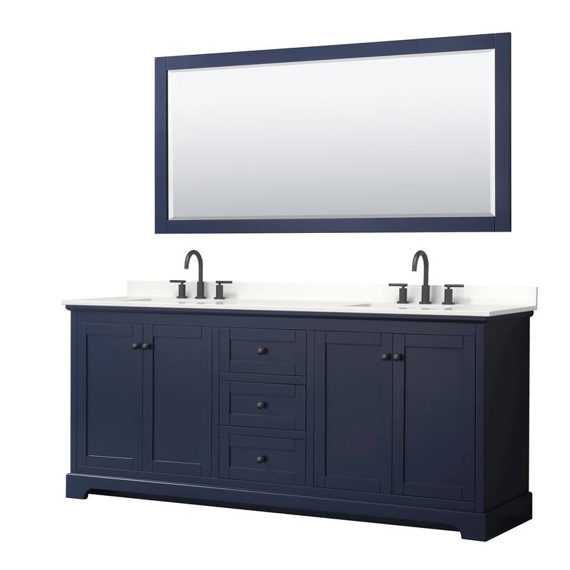 Avery 80-inch Double Vanity, Quartz Top, 70-inch Mirror - Dark Blue, Black Trim, White Quartz Top
