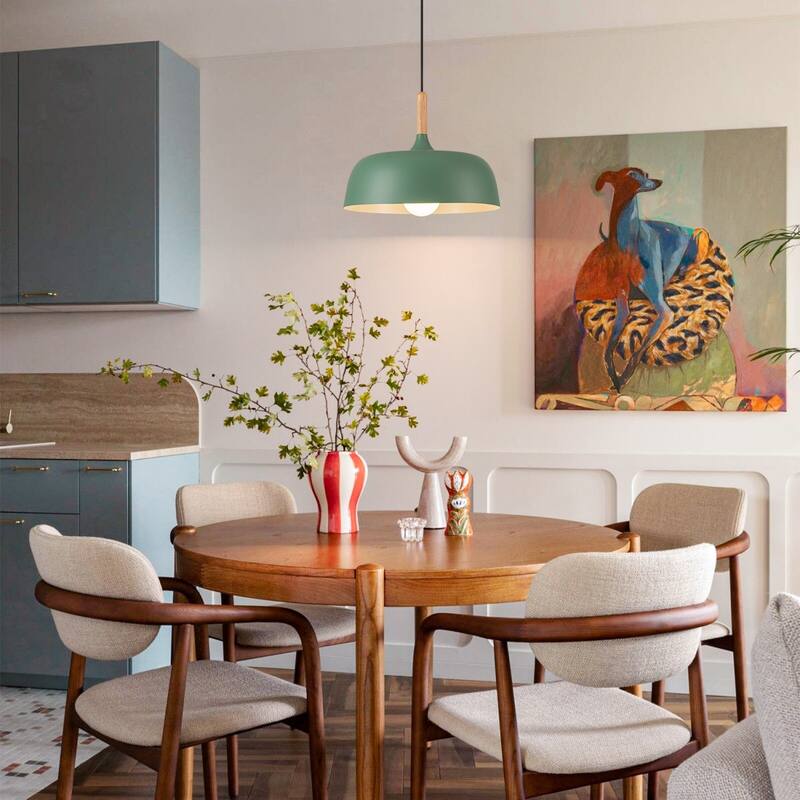 Modern 1-Light Green Dome Pendant Light with Decorative Wood Accent
